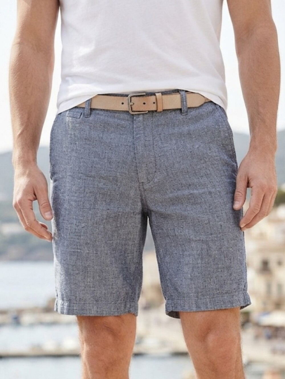 AMERICAN EXCHANGE Men's Blue Linen Blend Lightweight Casual Summer Chino Shorts